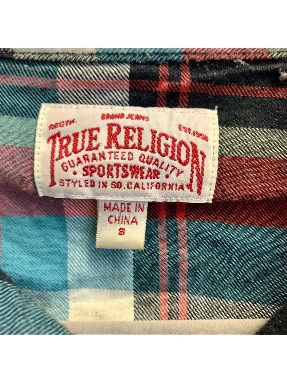 TRUE Religion red teal plaid check flannel fleece button down shirt size 8